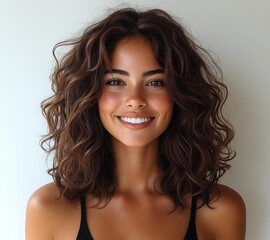 Wall Mural -  beautiful woman with very curly, shoulder-length, and voluminous hair. She is smiling at the camera against a white background. she looks happy in her big, beautiful curls.