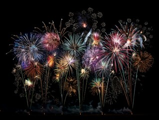 Colorful fireworks of various colors over night sky. New Year celebration background