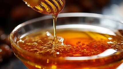 Close up image showcasing the rich golden hue of acacia honey in a beautiful presentation