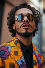 Wall Mural - A man wearing a casual jacket with painting Sunflowers 