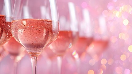 Wall Mural - Party background with pink drink or rose wine in glasses