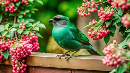 Vibrant Green Bird Perched on Wooden Fence Amidst Pink Berries in Lush Garden