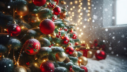 Wall Mural - A decorated Christmas tree in a snowy setting featuring red and gold ornaments hanging from its branches in a soft blurred lights in the background