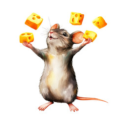 A cheerful cartoon mouse juggling cheese pieces, showcasing fun and playfulness in a whimsical style.