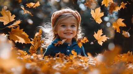 Happy Child Playing in Autumn Leaves