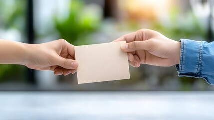 Two hands exchanging a blank card, symbolizing communication, connection, or a personal message in a serene setting.