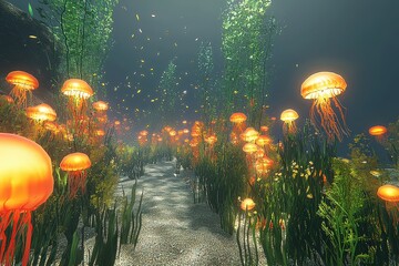 Wall Mural - Enchanting underwater jellyfish garden with glowing orange jellies and mysterious ambience