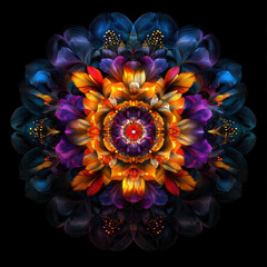 Aufkleber - A colorful flower with a red center. The flower is surrounded by a blue and purple background. The flower is very detailed and has a lot of different colors