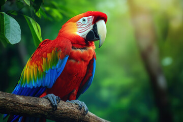 A colorful parrot is perched on a tree branch. The bird is red, blue, and green, and it is looking at the camera. The scene is bright and lively