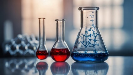 blue red glass flask vial and chemical structure in research medical science technology background