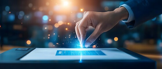 A close-up of a hand interacting with a technology device, showcasing innovation and digital engagement in a modern setting.