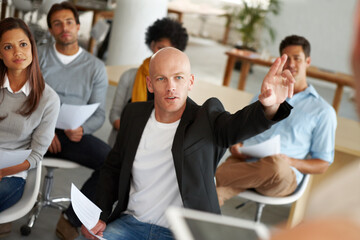 Aufkleber - Designers, audience or hand up in presentation for questions, learning or coaching people in startup. People, paper or staff asking for team agenda, meeting or documents in discussion for training