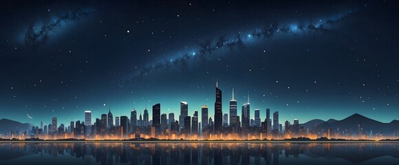 Canvas Print - landscape cityscape of big town with beauty starry night illustration