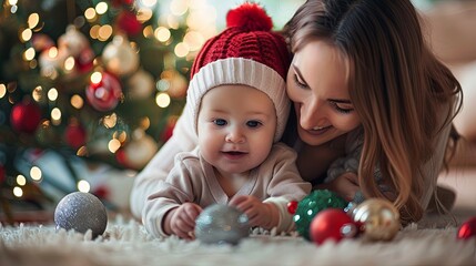 Mother and baby playing with decorations next to the Christmas tree