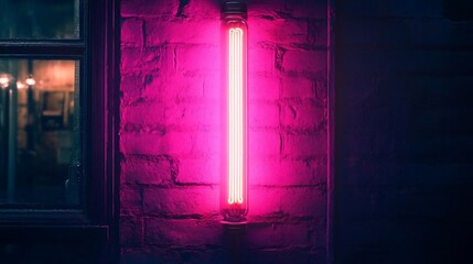 Canvas Print - Pink Neon Light on Brick Wall at Night