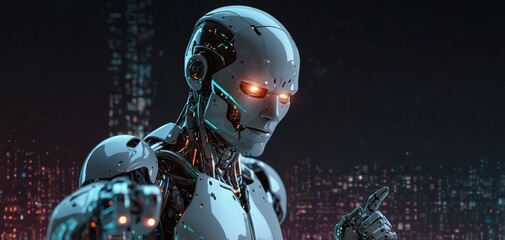 cyber digital world android robot pointing finger computer coding ai chatbot background futuristic f
