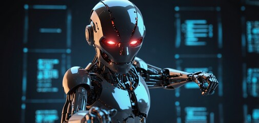 Cyber digital world android robot pointing finger computer coding AI chatbot background futuristic future digital technology artificial intelligence automated. Computer programming knowledge concept