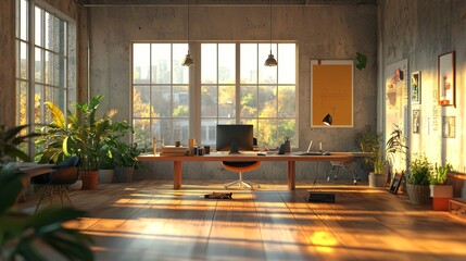 Poster - Modern Loft Office Workspace with Large Windows and Sunlight