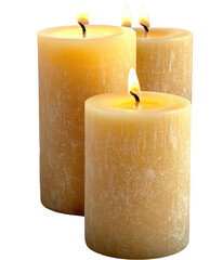 Set of three tall orange candles with flames on a transparent background and copy space for text