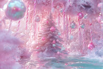 Ethereal fairy tale landscape with magical crystal trees and glowing orbs