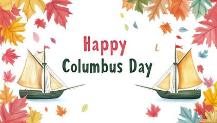 A festive autumnal design featuring two ships and falling leaves with the text 'Happy Columbus Day'.