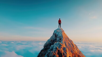 A banner featuring a human figure standing on a mountain peak, symbolizing achievement and development