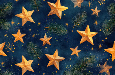 Christmas stars pattern. Gold stars and Christmas trees branches