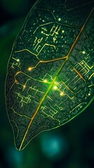 Green Leaf with Glowing Circuit Board Pattern - Nature and Technology Concept