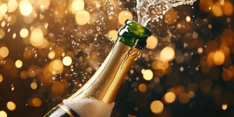 A champagne bottle popping open, focus on the sparkling bubbles and the celebratory excitement in the atmosphere