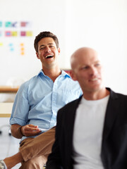 Aufkleber - Expo, laughing and creative with business man in office for meeting, collaboration and growth workshop. Design prototype, planning and identity development with male employee in branding startup.