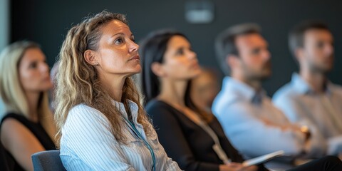 Engaged audience in a corporate setting, watching a professional presentation, expressions of interest and concentration visible