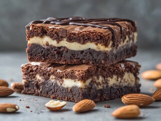 Wall Mural - Chocolate brownies with white chocolate middle layer and nuts