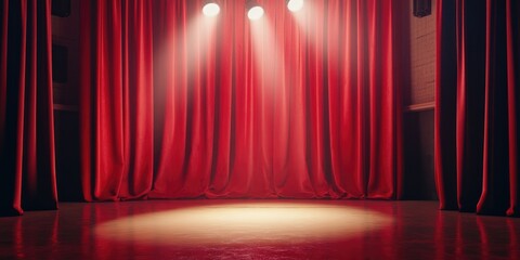 A theater stage ready for a performance, detailed view of the red velvet curtain and spotlight, dramatic and anticipatory vibe