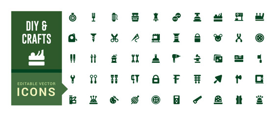 Aufkleber - Set of filled and diy crafts icons set. Icon with diy crafting icons. Glyph icon collection for web and ui. Filled icon pack, editable stroke. Solid icon set. Vector illustration.