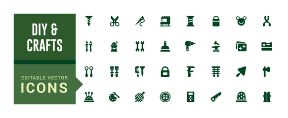 Aufkleber - Set of filled and diy crafts icons set. Icon with diy crafting icons. Glyph icon collection for web and ui. Filled icon pack, editable stroke. Solid icon set. Vector illustration.