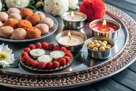 Flat bhai dooj background with food and candles