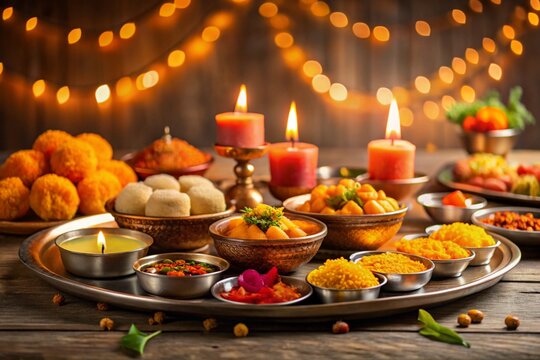 Flat bhai dooj background with food and candles