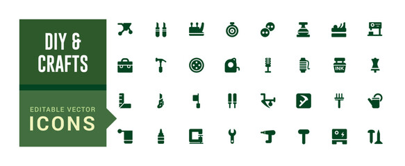Aufkleber - Set of filled and diy crafts icons set. Icon with diy crafting icons. Glyph icon collection for web and ui. Filled icon pack, editable stroke. Solid icon set. Vector illustration.