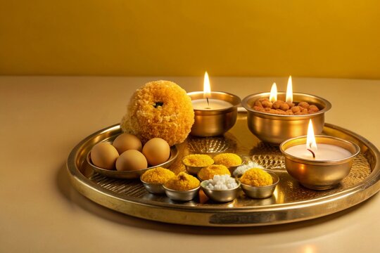 Flat bhai dooj background with food and candles