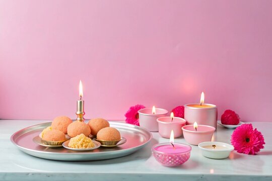 flat bhai dooj background with food and candles