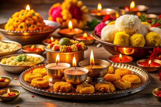 Flat bhai dooj background with food and candles