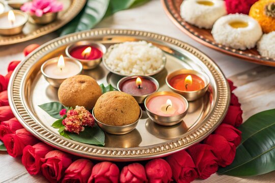 flat bhai dooj background with food and candles