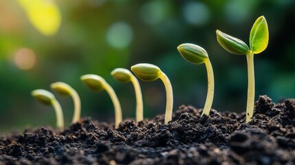 Fresh green seedlings emerge from rich soil, symbolizing growth and renewal in a vibrant garden environment.