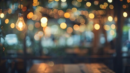 a blurred image of restaurant with lights in the blur background