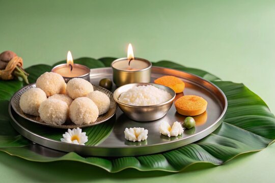 Flat bhai dooj background with food and candles