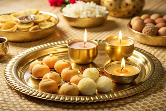 Flat bhai dooj background with food and candles