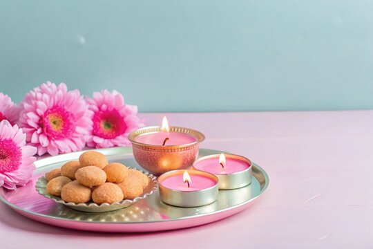 Flat bhai dooj background with food and candles