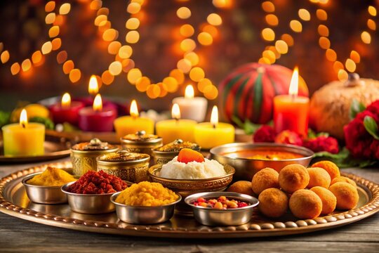 Flat bhai dooj background with food and candles