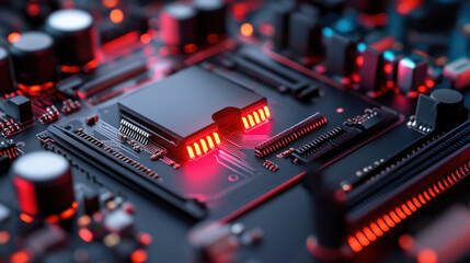 Close-up of a glowing microchip on a circuit board, highlighting advanced technology, computer hardware, and electronic innovation.