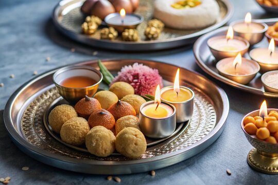 Flat bhai dooj background with food and candles